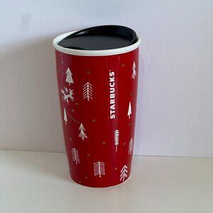 STARBUCKS 2018 Holiday Winter RED FOREST 12oz Ceramic TRAVEL MUG with Lid